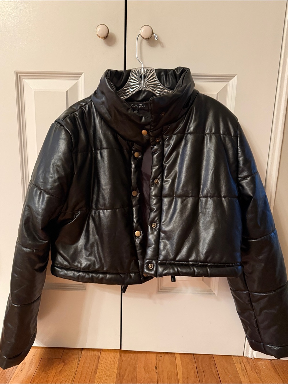 emory park Black Quilted Faux Leather Cropped Puffer Jacket